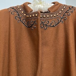 Gorgeous mid length brown wool winter coat with black sequin and bronze accents